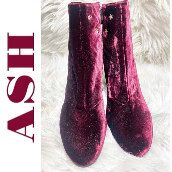 ASH Elixir Burgundy Velour Chunky Heel Bootie Gold Stars & Moons, Size 40 - Picture 7 of 14